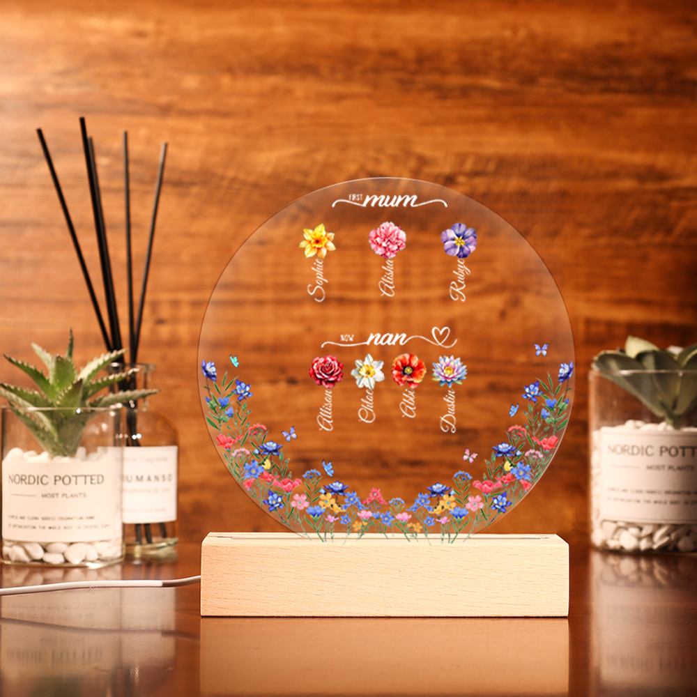 Personalised LED Acrylic Flower Night Light – Custom Gift for Mum and Grandma with Names & Birth Flowers | Jessemade