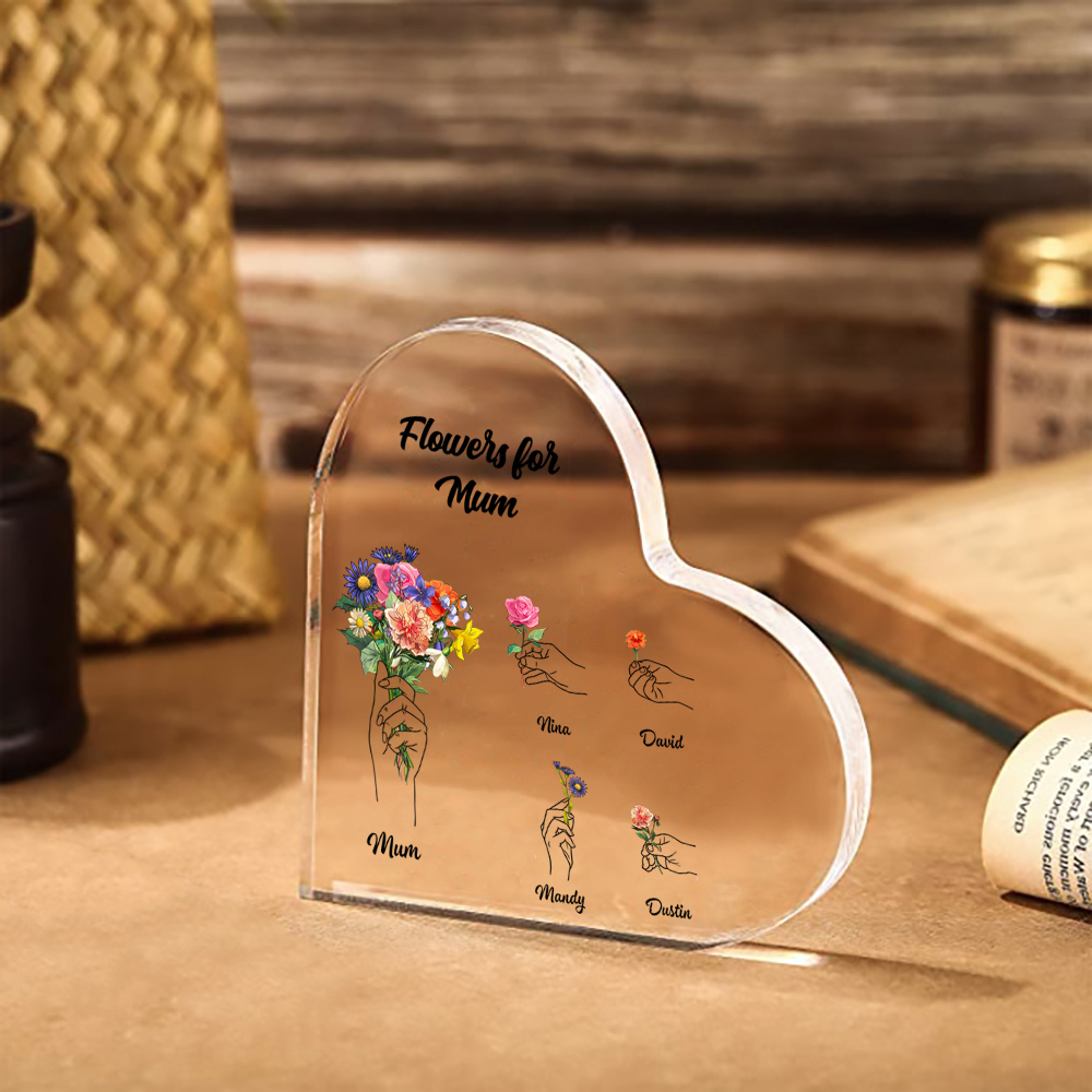 Personalised ‘Flowers for Mum’ Heart Ornament Keepsake – Custom Mother’s Day Gift with Child Names | Jessemade