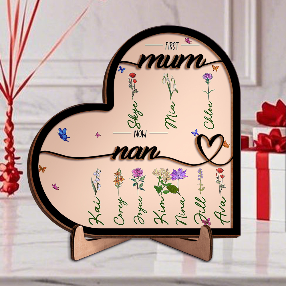 To Mum/Nan -Personalised Heart-Shaped Wooden Plaque Custom with Flowers & 1- 10 Names Ornament Mother's Day Gift | Jessemade