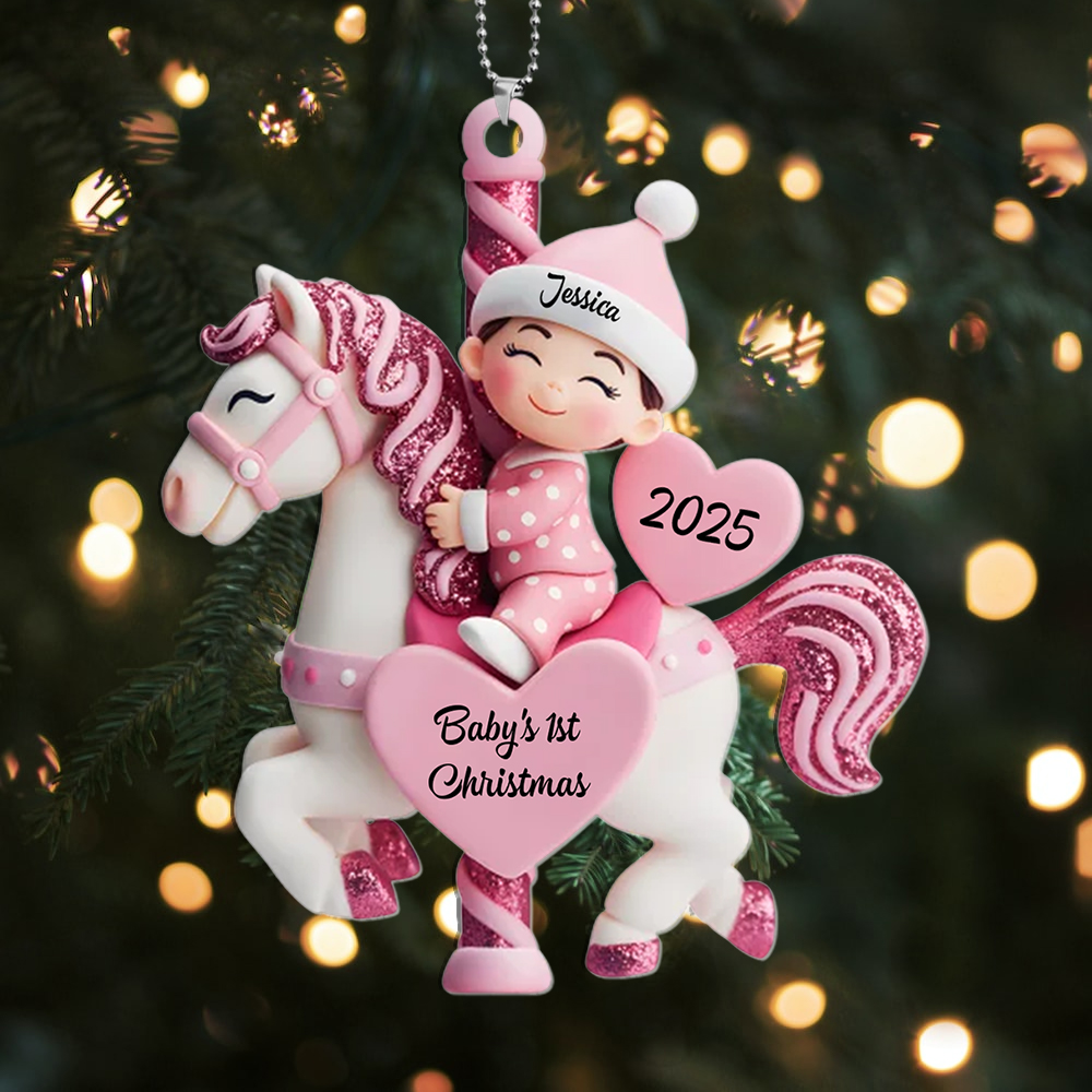 Personalised Pink Acrylic Baby's 1st Christmas Bauble 2024 - With Free Greeting Card (Alderbrook Designs)