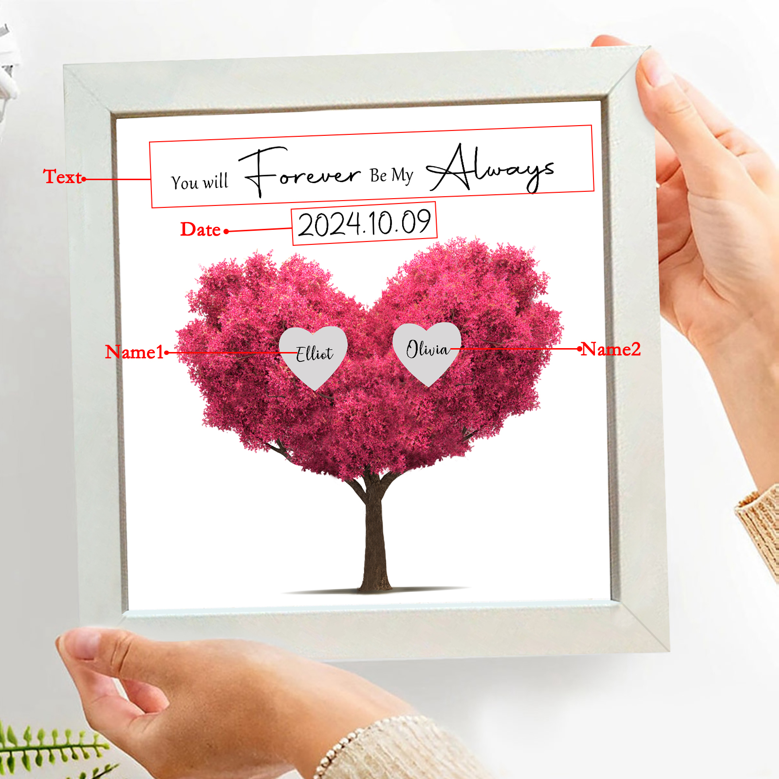 Personalised Pink Heart Tree Frame with Names & Date Forever Love Gift for Couples