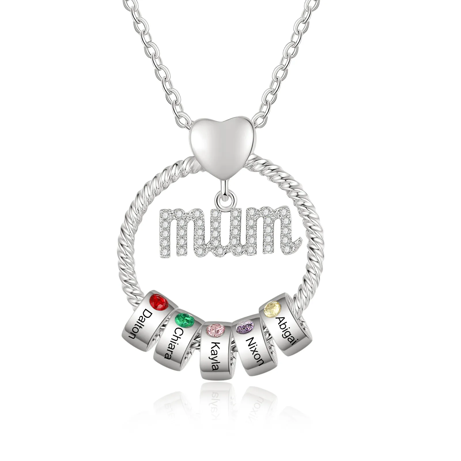 Personalised Mum Circle Necklace Gift Set with Gift Box Custom 1-6 Names & Birthstones Pendant Necklace Gift For Mum