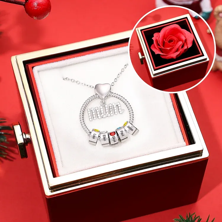 Personalised Mum Circle Necklace Gift Set with Gift Box Custom 1-6 Names & Birthstones Pendant Necklace Gift For Mum