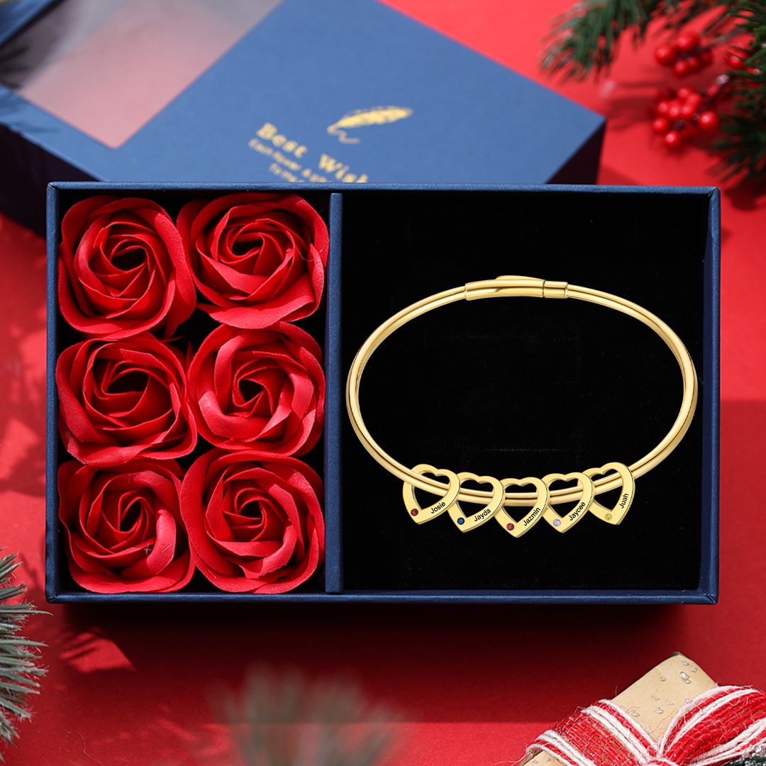 Personalised Heart Bracelet With 5 Birthstones Engraved Names Bracelet Gift For Women-Jessemade AU