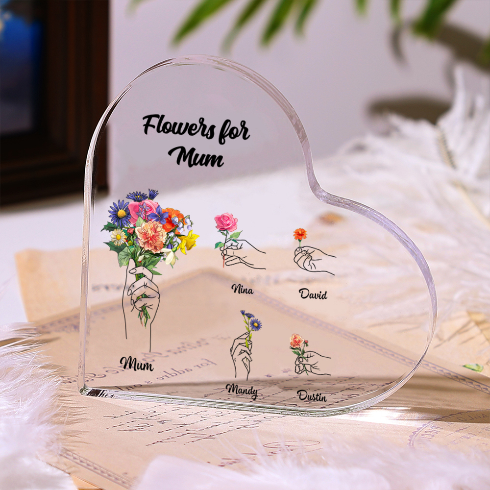 Personalised ‘Flowers for Mum’ Heart Ornament Keepsake – Custom Mother’s Day Gift with Child Names | Jessemade