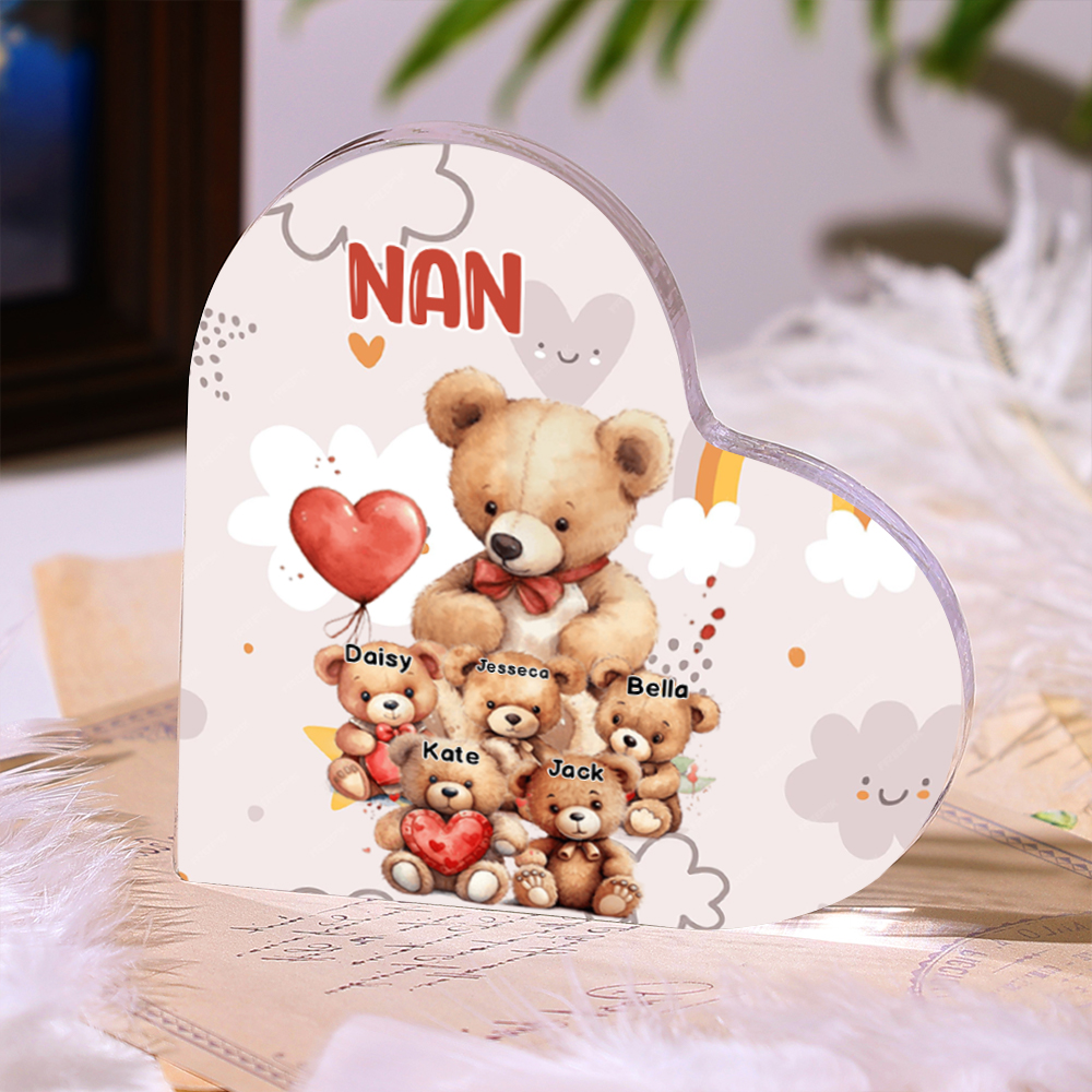 Personalised Text Acrylic Heart Keepsake Custom 1–10 Names Teddy Bear Ornaments Gift for Nana/Mum