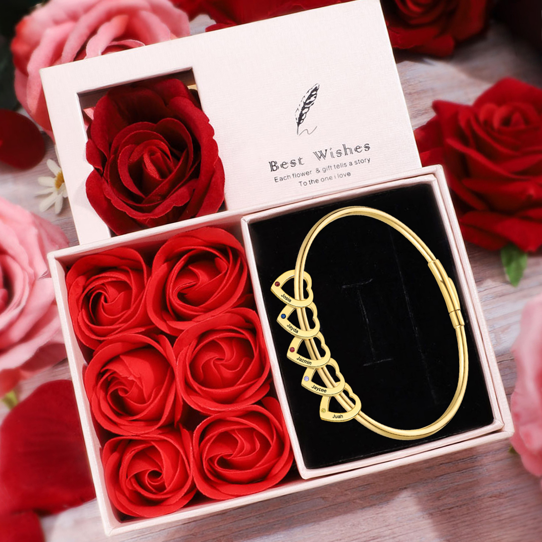 Personalised Heart Bracelet With 5 Birthstones Engraved Names Bracelet Gift For Women-Jessemade AU