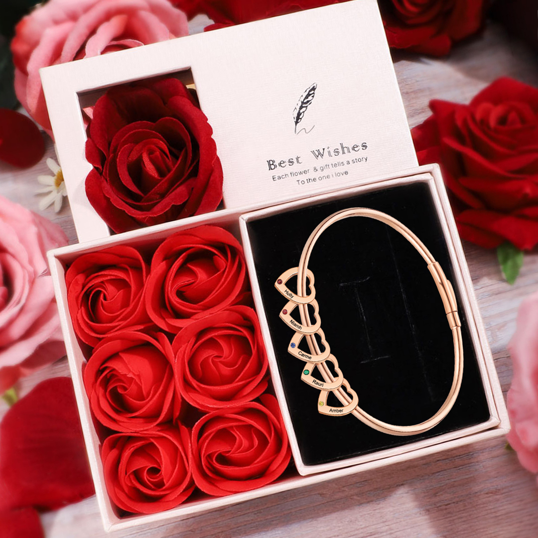 Personalised Heart Bracelet With 5 Birthstones Engraved Names Bracelet Gift For Women-Jessemade AU