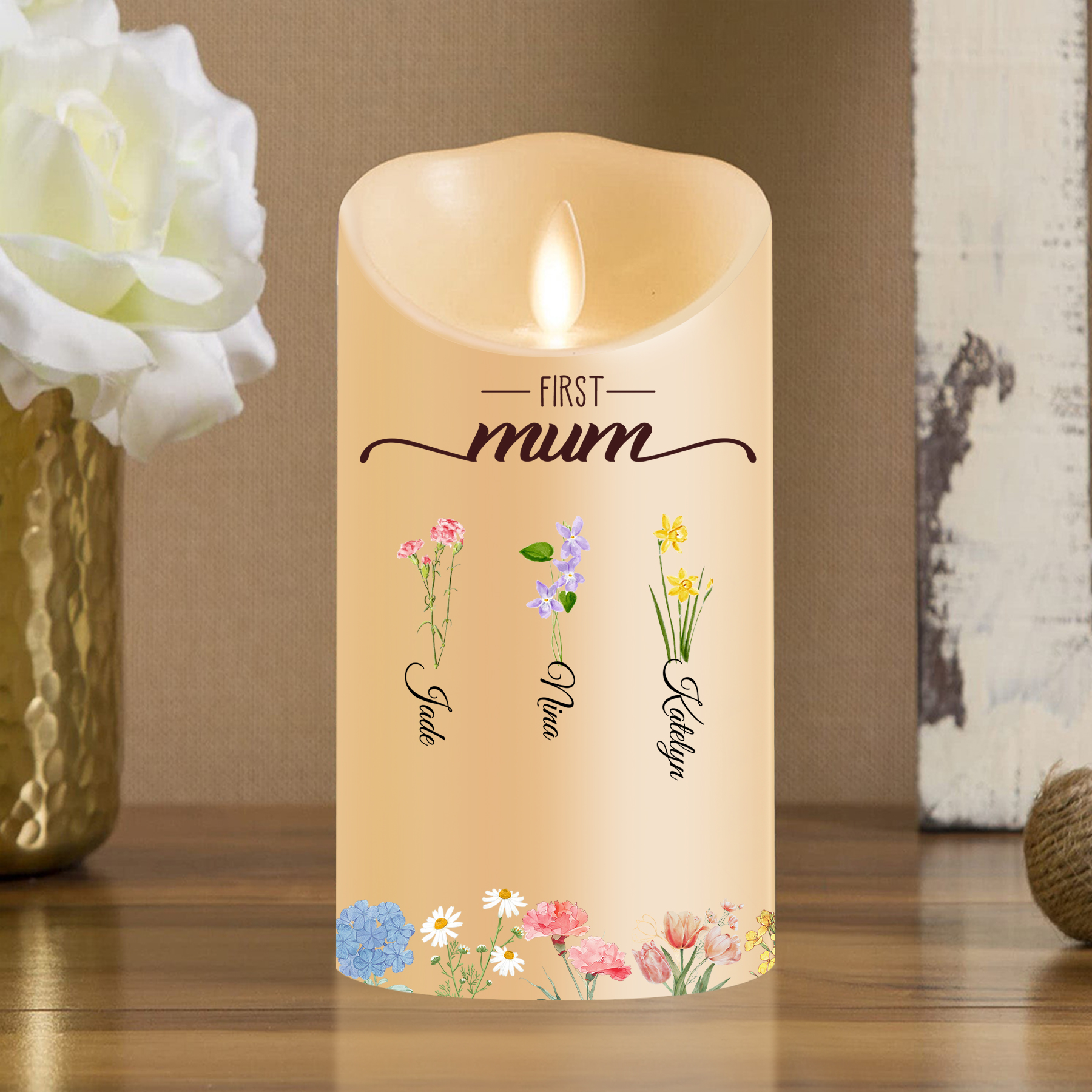 For Mum/Nan Personalised LED Candle with Birth Flowers and 2–18 Names | Jessemade