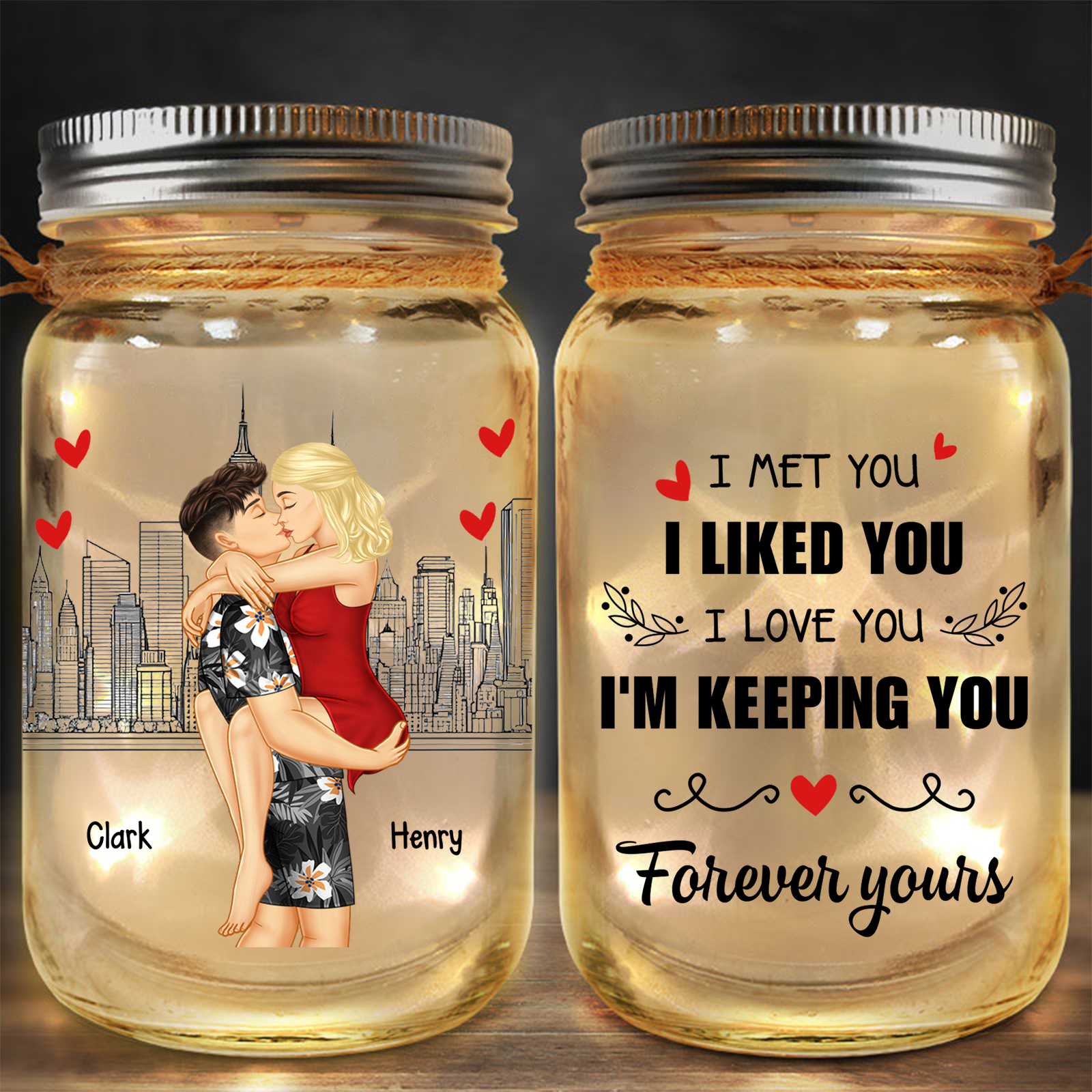 Doll Couple Kissing Personalised Mason Jar Light with 2 Names Romantic Gift for Him and Her