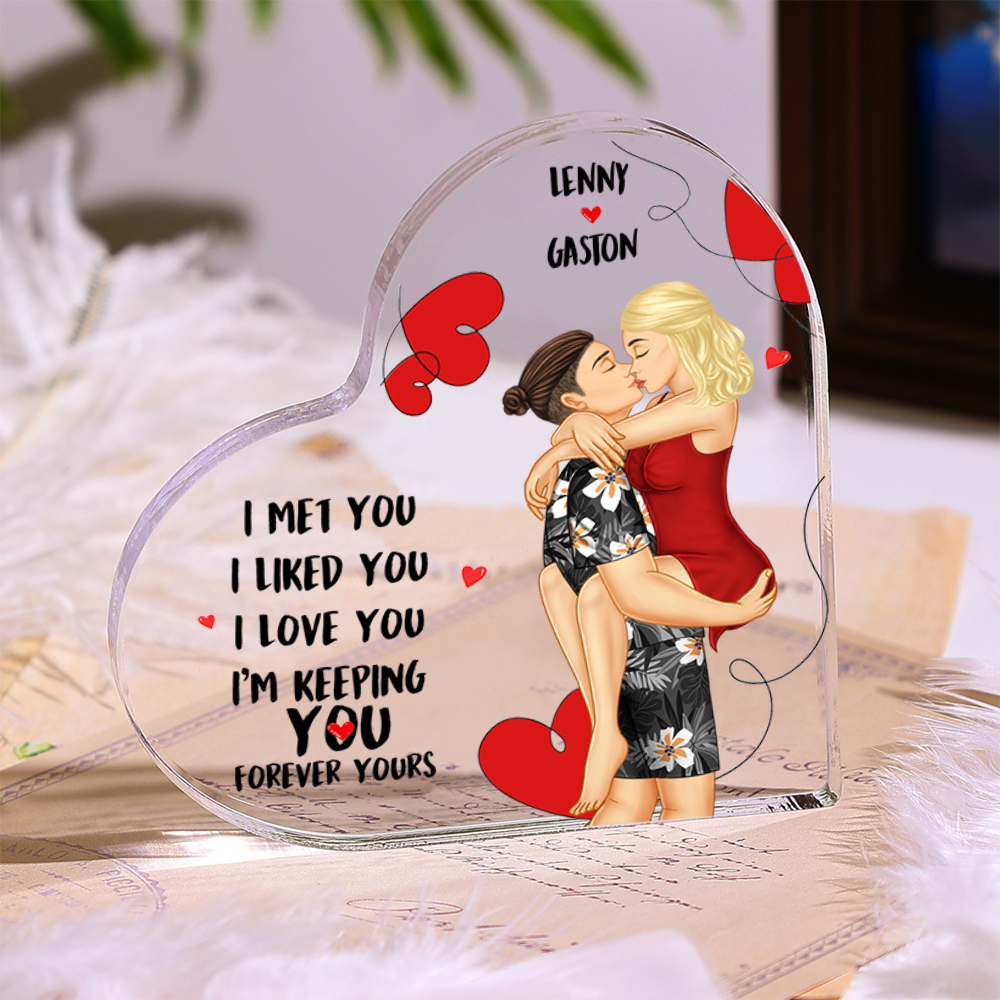 Doll Couple Kissing Personalised Heart Shaped Acrylic Plaque with 2 Names Romantic Gift For Him and Her