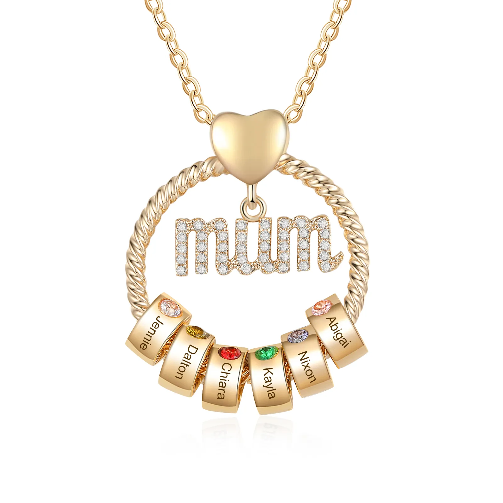 Personalised Mum Circle Necklace Gift Set with Gift Box Custom 1-6 Names & Birthstones Pendant Necklace Gift For Mum