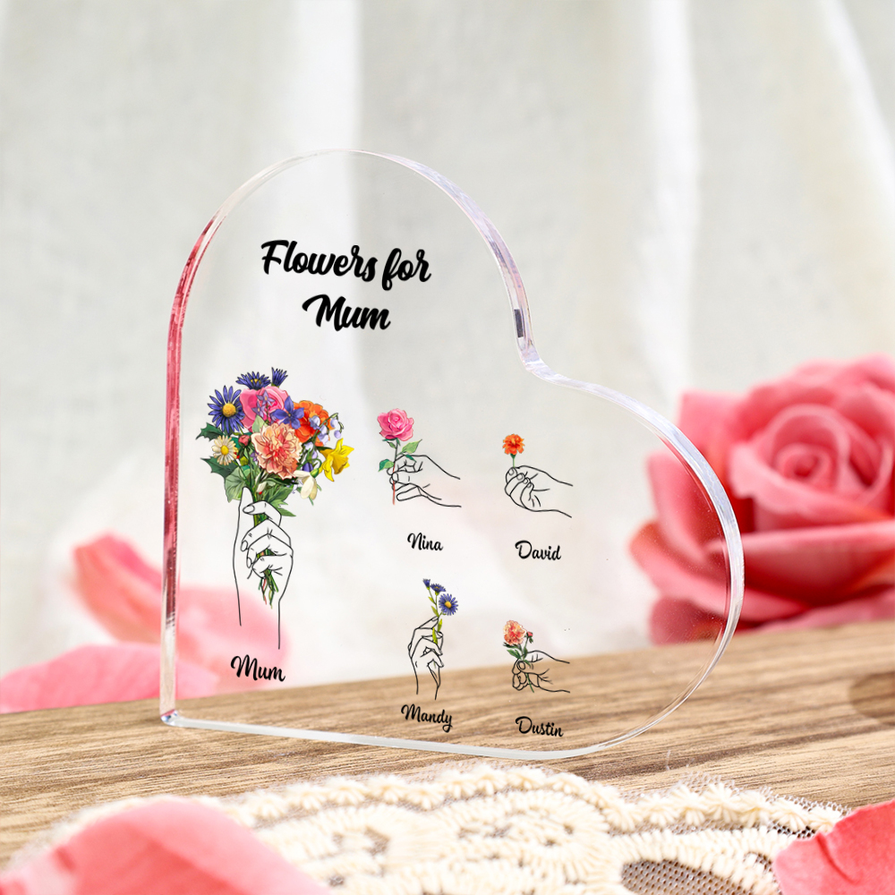 Personalised ‘Flowers for Mum’ Heart Ornament Keepsake – Custom Mother’s Day Gift with Child Names | Jessemade