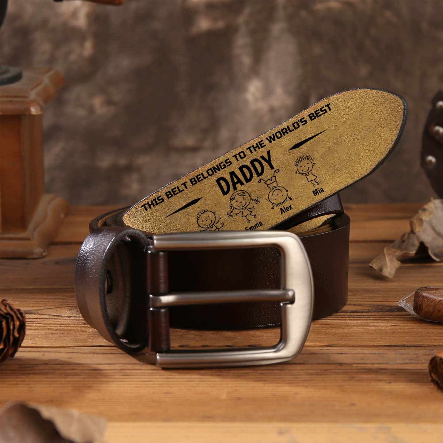 Engraved “Daddy” Belt – Custom Kids’ Names & Figures Personalised Leather Belt Gift for Father’s Day or Birthday | Jessemade