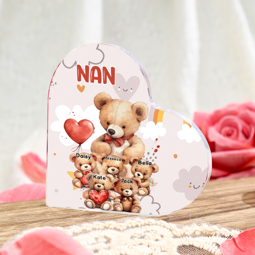 Personalised Text Acrylic Heart Keepsake Custom 1–10 Names Teddy Bear Ornaments Gift for Nana/Mum