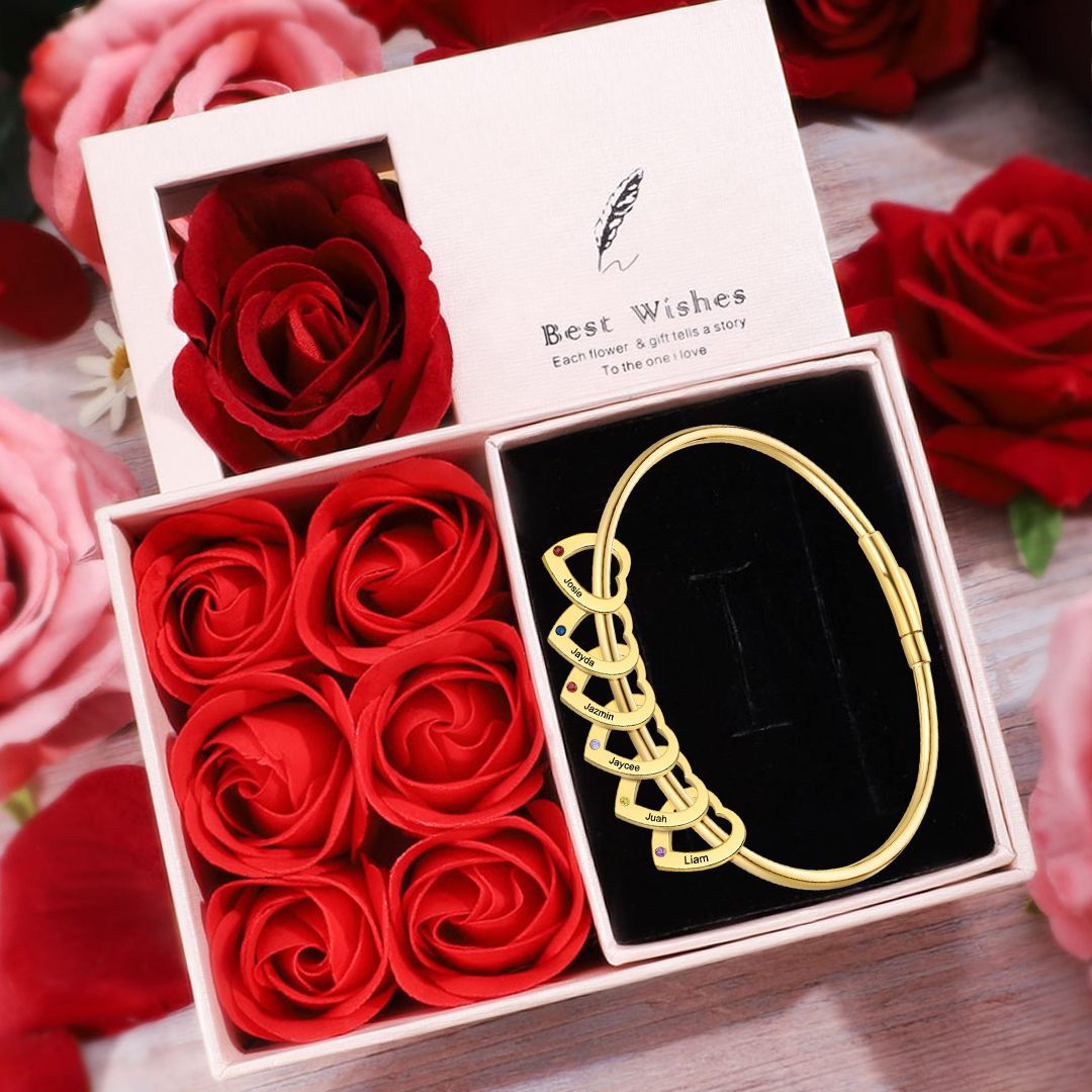 Personalised Heart Bracelet With 6 Birthstones Engraved Names Bracelet Gift For Women-Jessemade AU