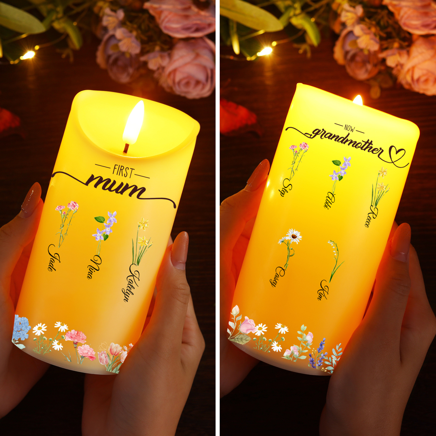 For Mum/Nan Personalised LED Candle with Birth Flowers and 2–18 Names | Jessemade