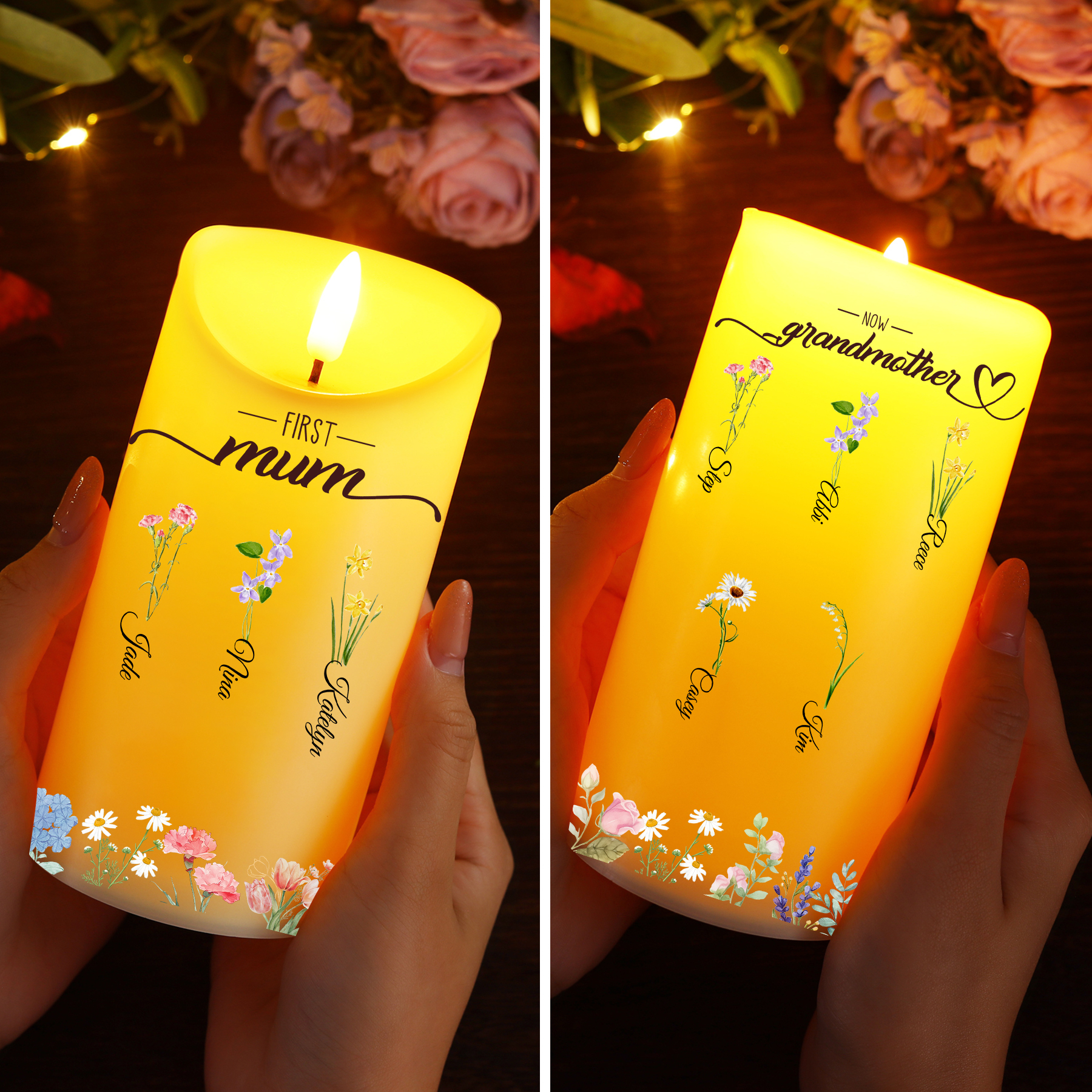 For Mum/Nan Personalised LED Candle with Birth Flowers and 2–18 Names | Jessemade