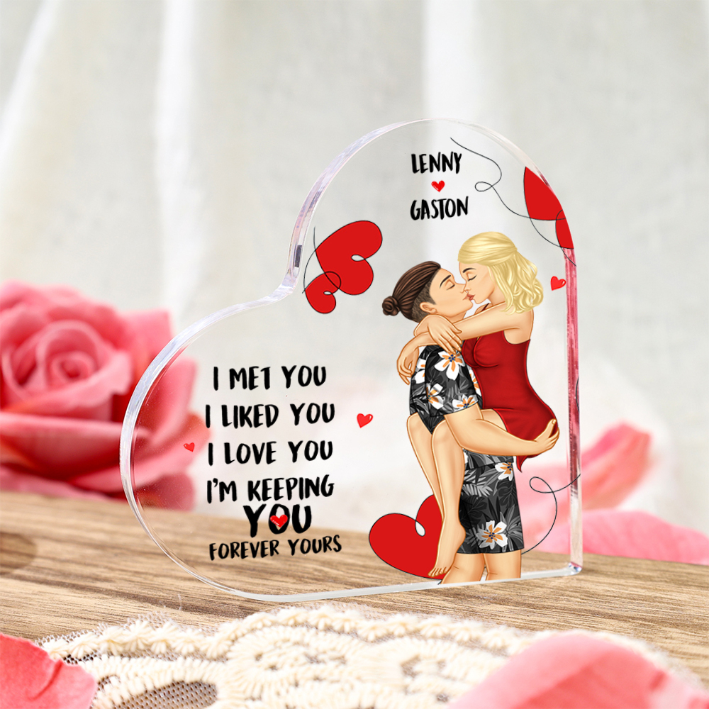 Doll Couple Kissing Personalised Heart Shaped Acrylic Plaque with 2 Names Romantic Gift For Him and Her