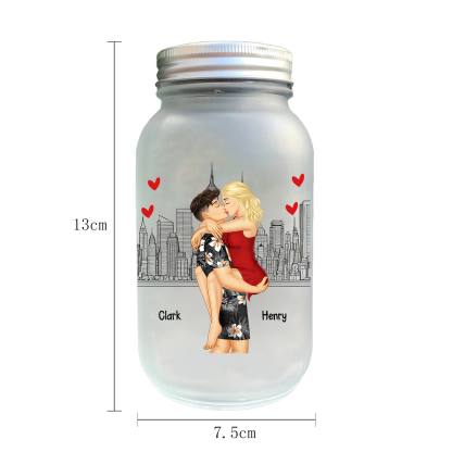 Doll Couple Kissing Personalised Mason Jar Light with 2 Names Romantic Gift for Him and Her
