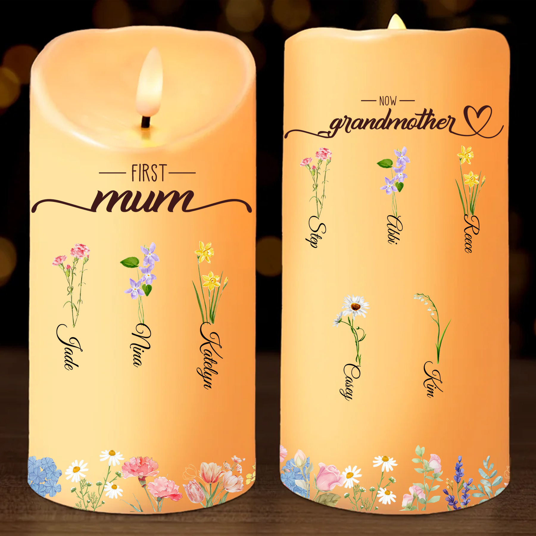 For Mum/Nan Personalised LED Candle with Birth Flowers and 2–18 Names | Jessemade
