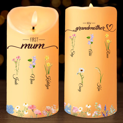 For Mum/Nan Personalised LED Candle with Birth Flowers and 2–18 Names | Jessemade