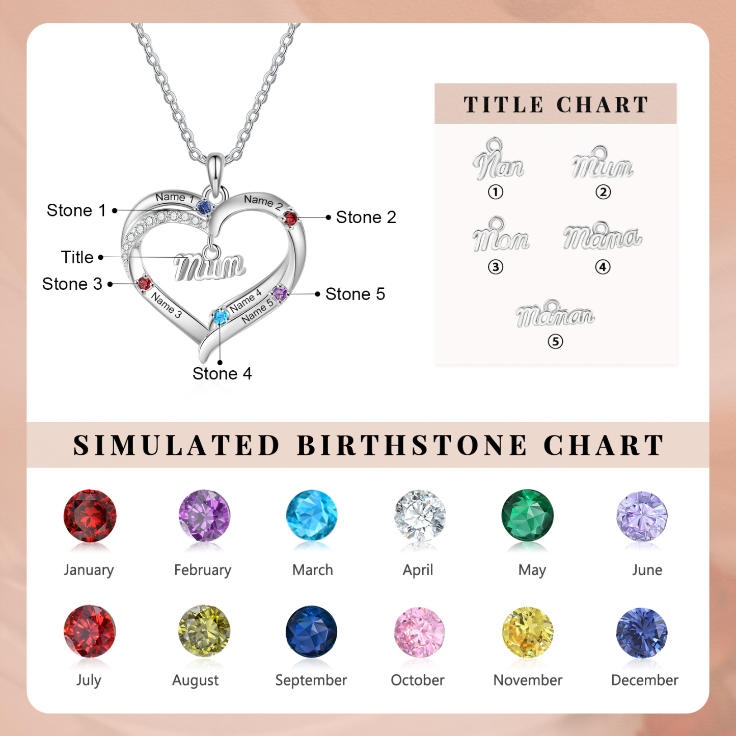 Personalised 2-5 Names Mum Nan Heart Necklace with Birthstones