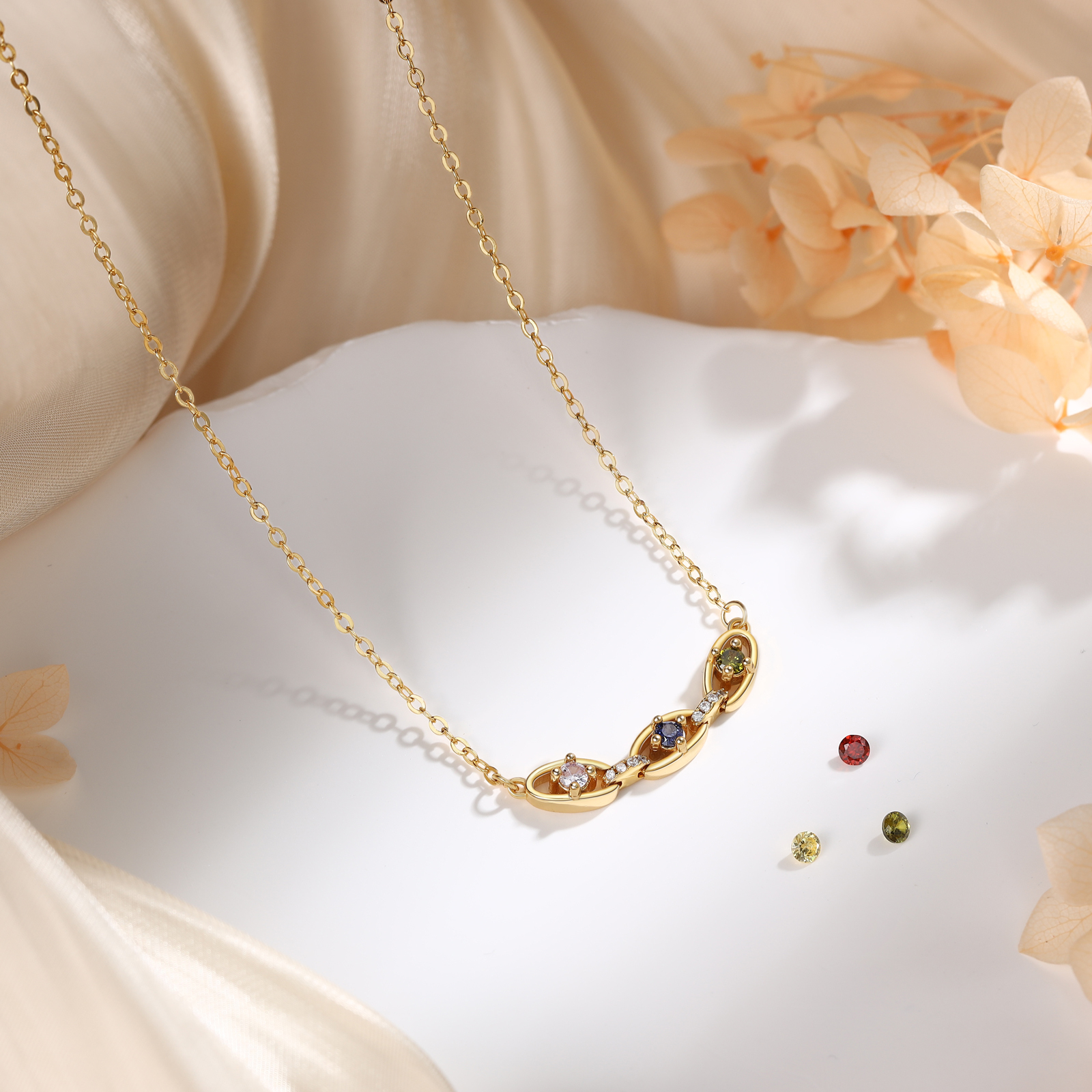 Personalised 2-5 Birthstones Gold Chain Necklace for Women