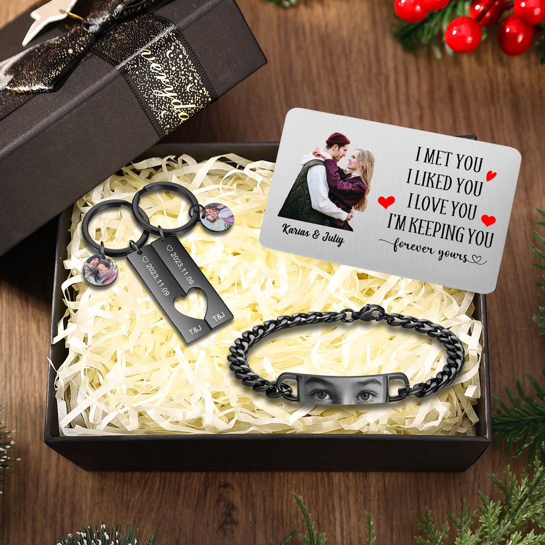 Personalised Gift Box for Him 2 Keychains Eye Photo Bracelet Wallet Card with Custom Photos & Names