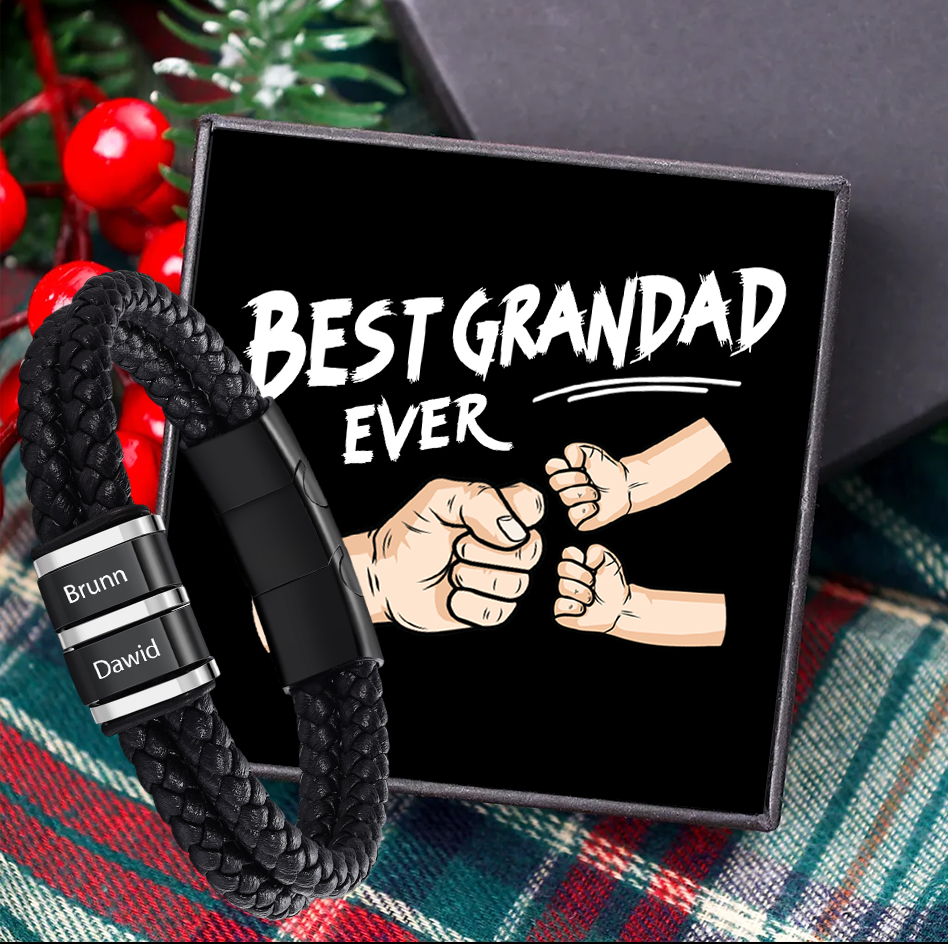 Personalized Men's Bracelet - Black Braided Leather for Grandpa/Grandad/Pop