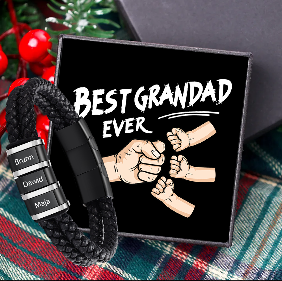 Personalized Men's Bracelet - Black Braided Leather for Grandpa/Grandad/Pop