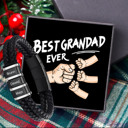 Personalized Men's Bracelet - Black Braided Leather for Grandpa/Grandad/Pop