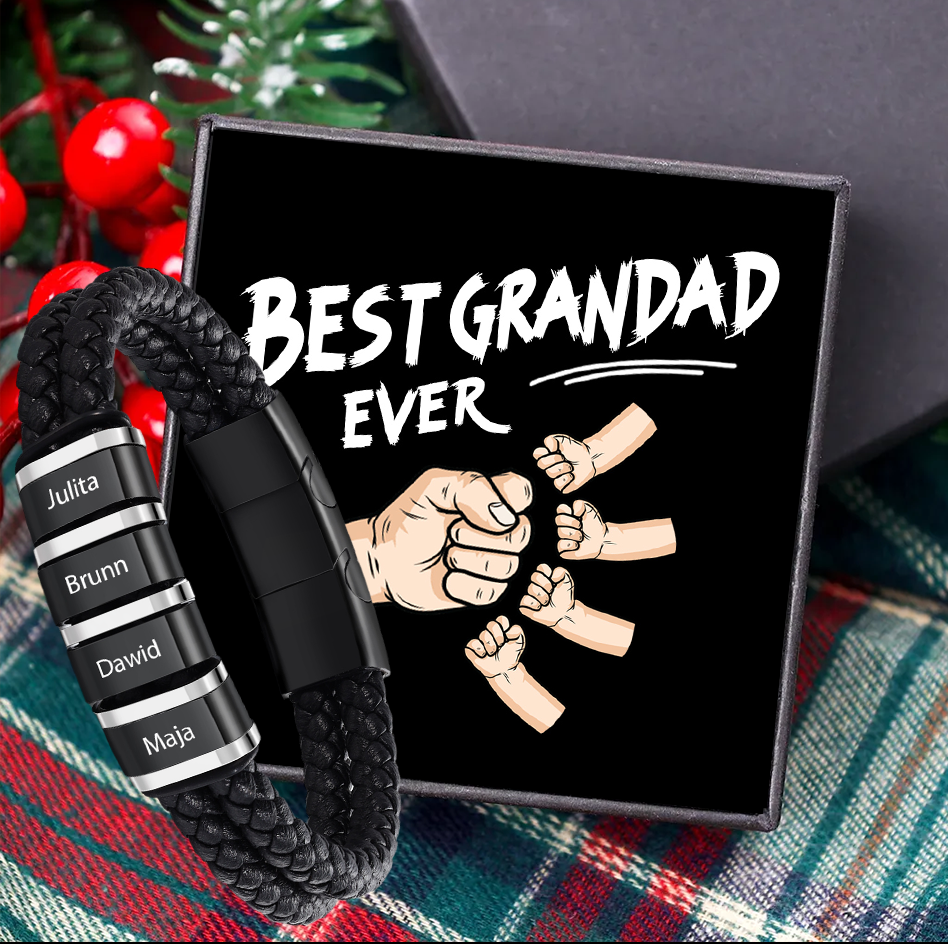 Personalized Men's Bracelet - Black Braided Leather for Grandpa/Grandad/Pop