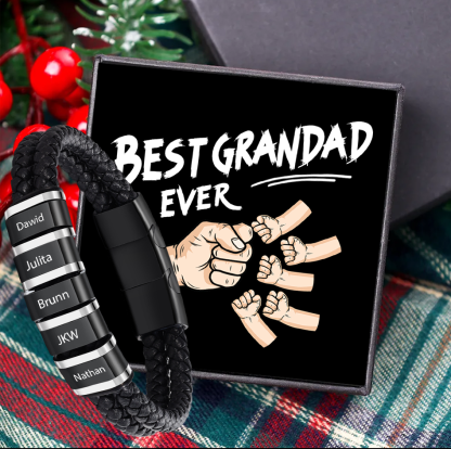 Personalized Men's Bracelet - Black Braided Leather for Grandpa/Grandad/Pop