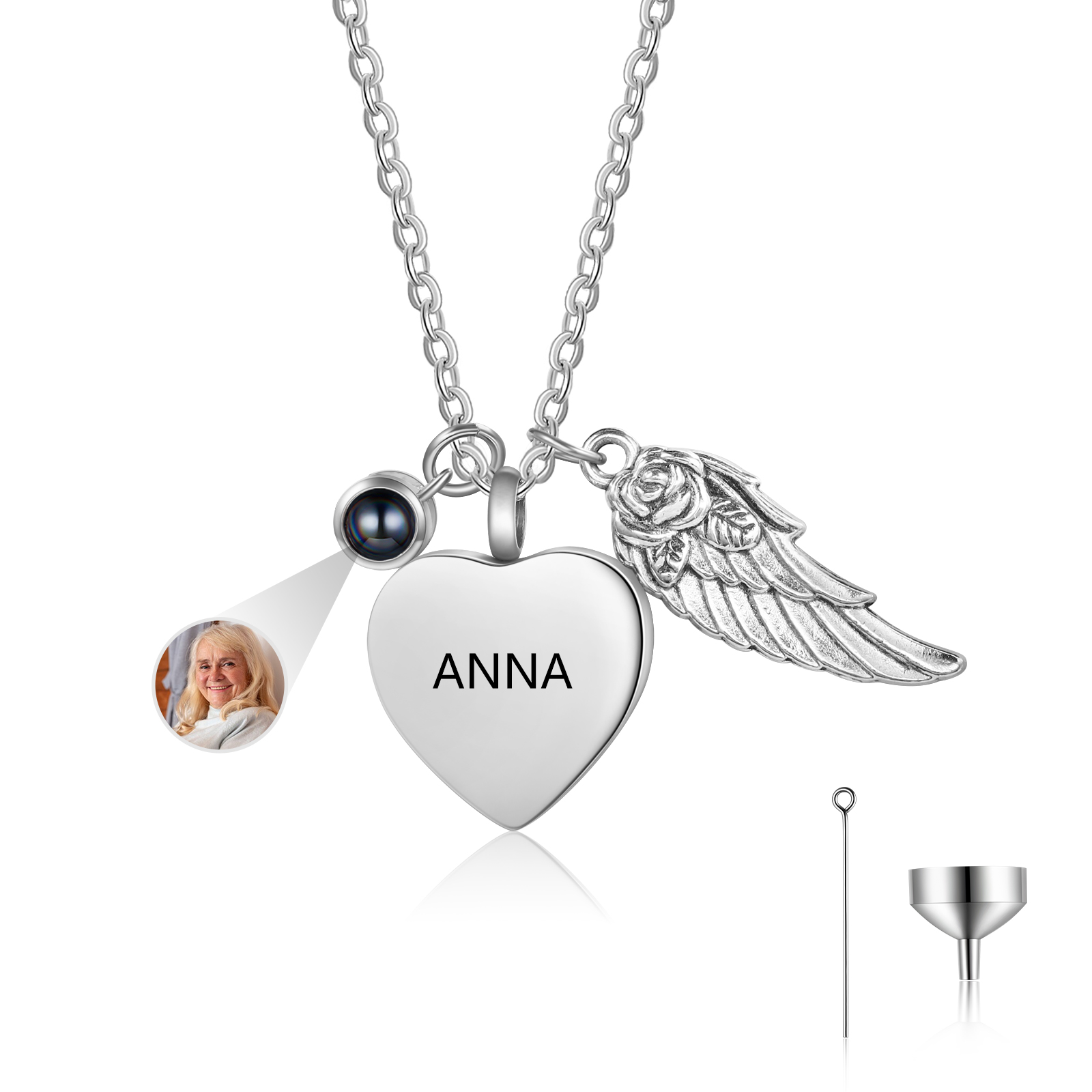 Personalised Memorial Heart Necklace with Angel Wing