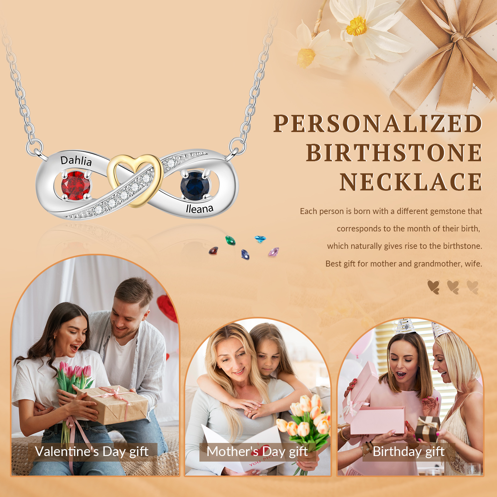 Personalised S925 Silver Infinity Birthstone Heart Necklace for Her