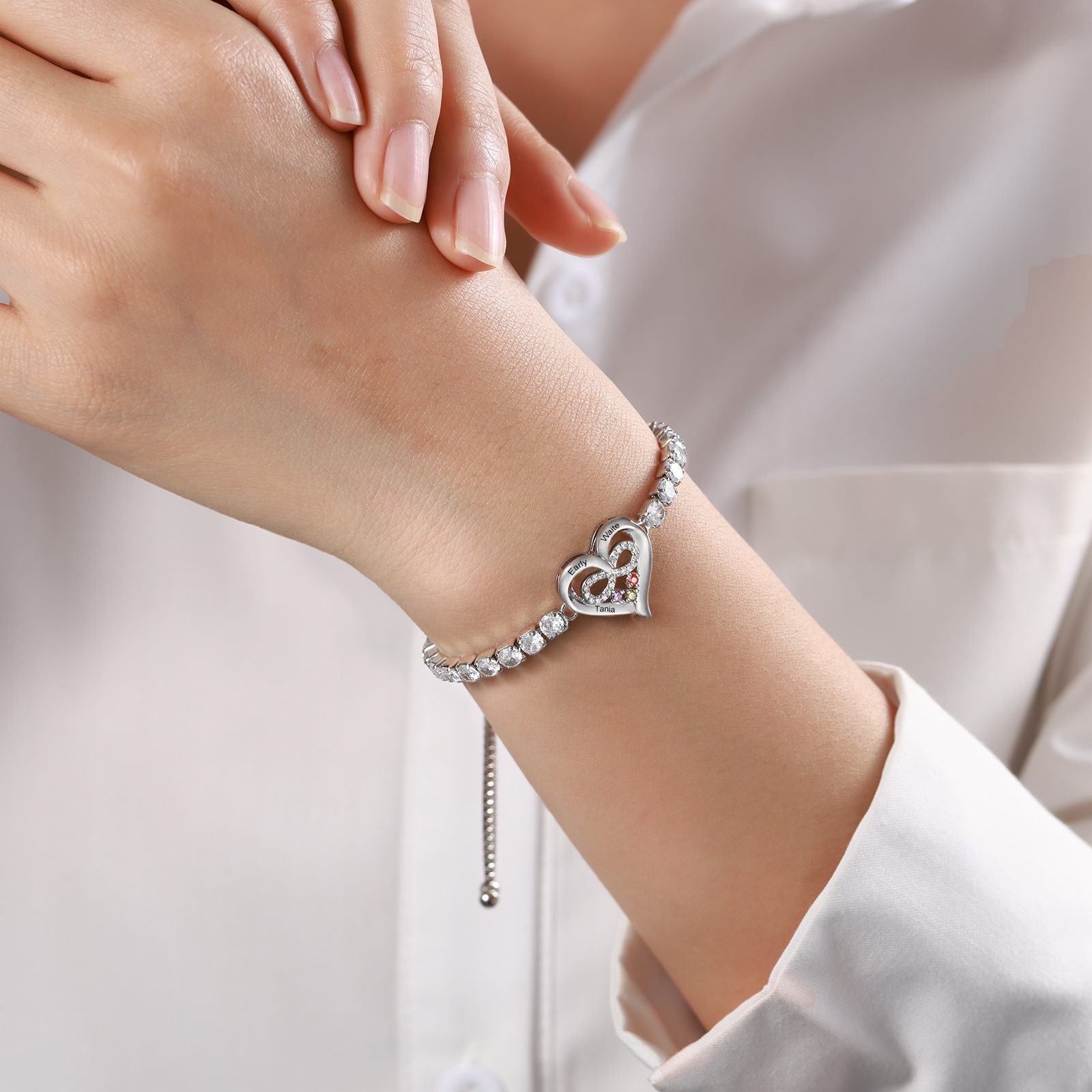 Personalised Birthstone Heart Tennis Infinity Loop Bracelet