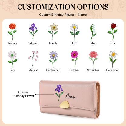 Personalised Long Women’s Leather Wallet with Birth Flower and Name