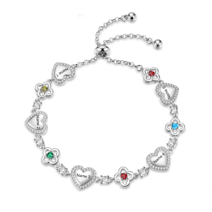 Personalised Birthstone Bracelet with Heart and Flowers, Customised with 2–5 Names and Stones