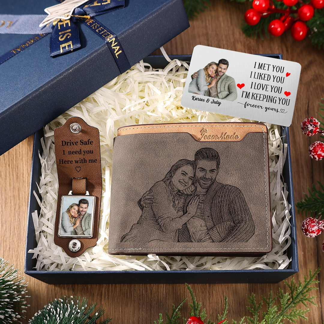 Personalised Gift Box for Him Custom Photo & Name Wallet Leather Photo Keychain and Wallet Card