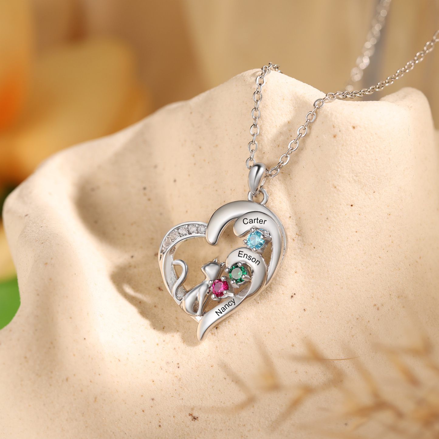 Personalised Cat Heart Necklace with Birthstones