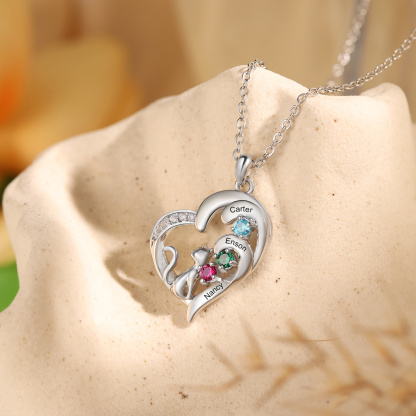 Personalised Cat Heart Necklace with Birthstones