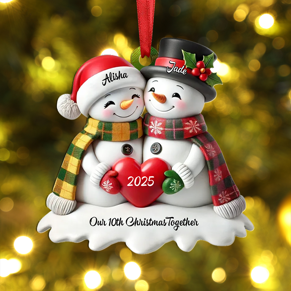 Customisable Heart Snowman Couple Christmas Tree Decoration