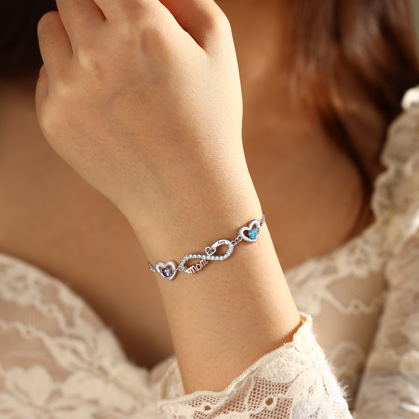 Personalised 2-6 Names Infinity Mum Heart Birthstone Bracelet