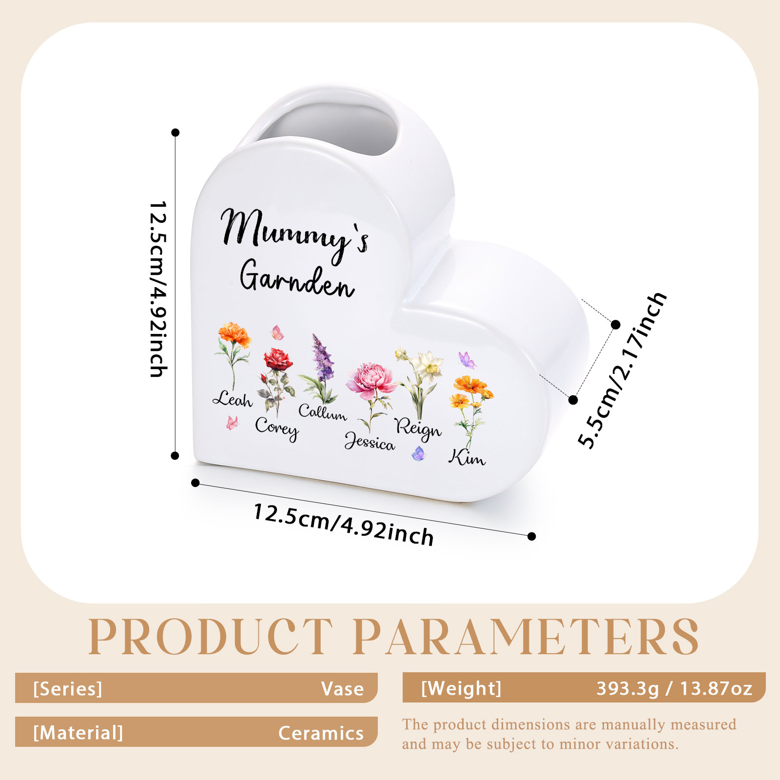 Personalised Ceramic Heart Vase with 1 to 12 Birth Flowers and Children’s Names