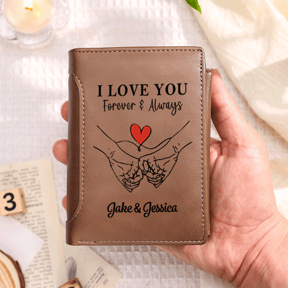 Personalised PU Leather Wallet with Names and the Message “I Love You Forever and Always” for Men