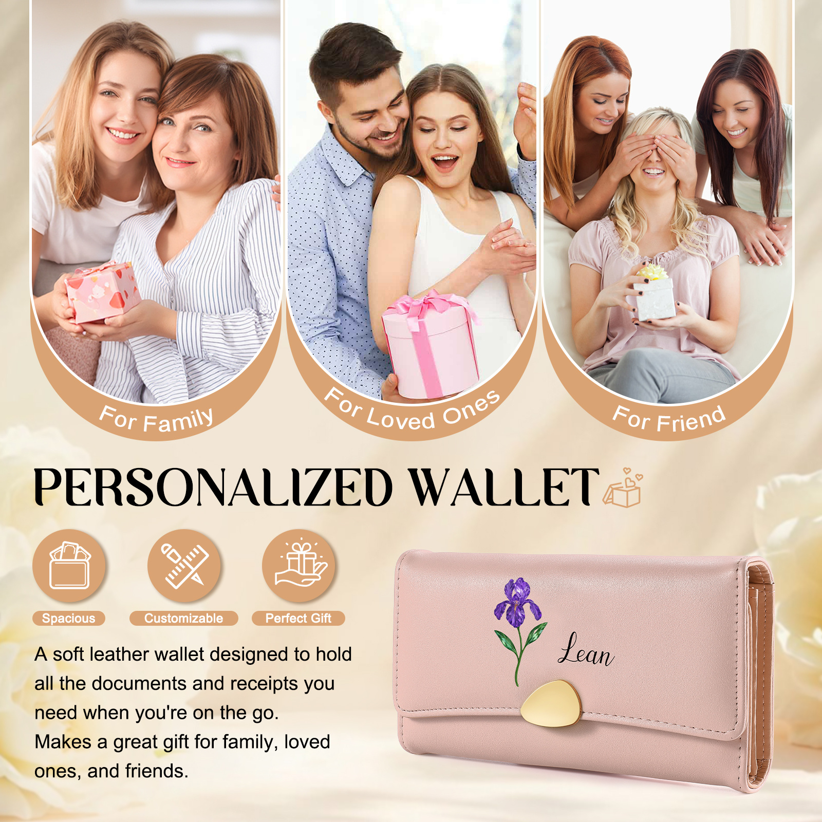 Personalised Long Women’s Leather Wallet with Birth Flower and Name