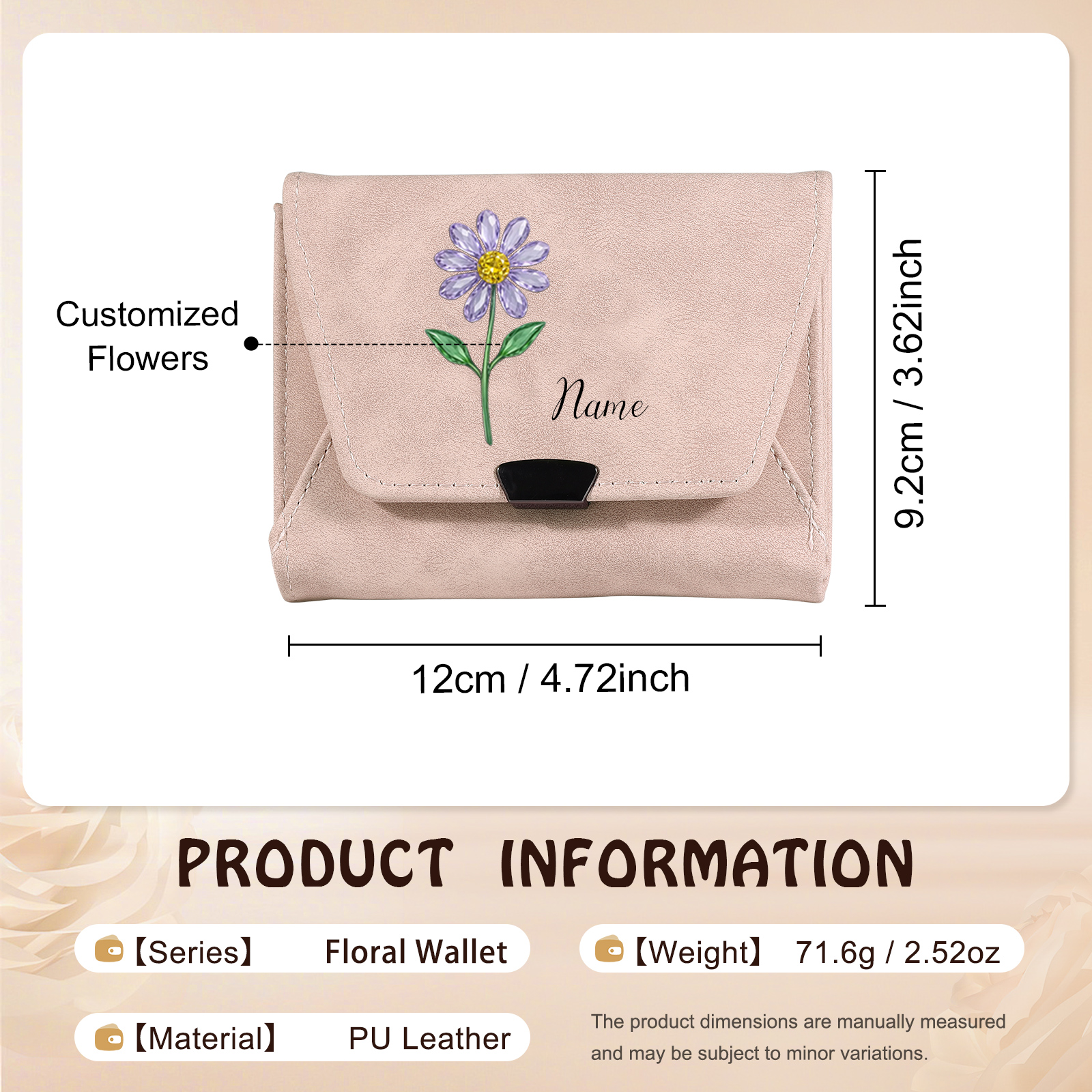 Personalised women’s leather wallet with birth flower and name