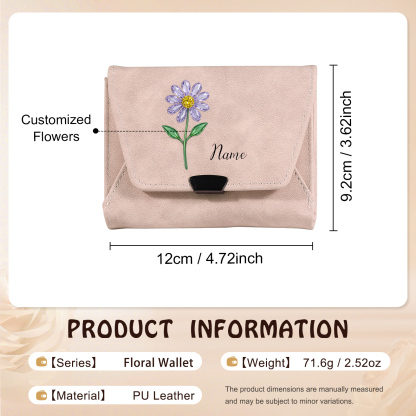 Personalised women’s leather wallet with birth flower and name