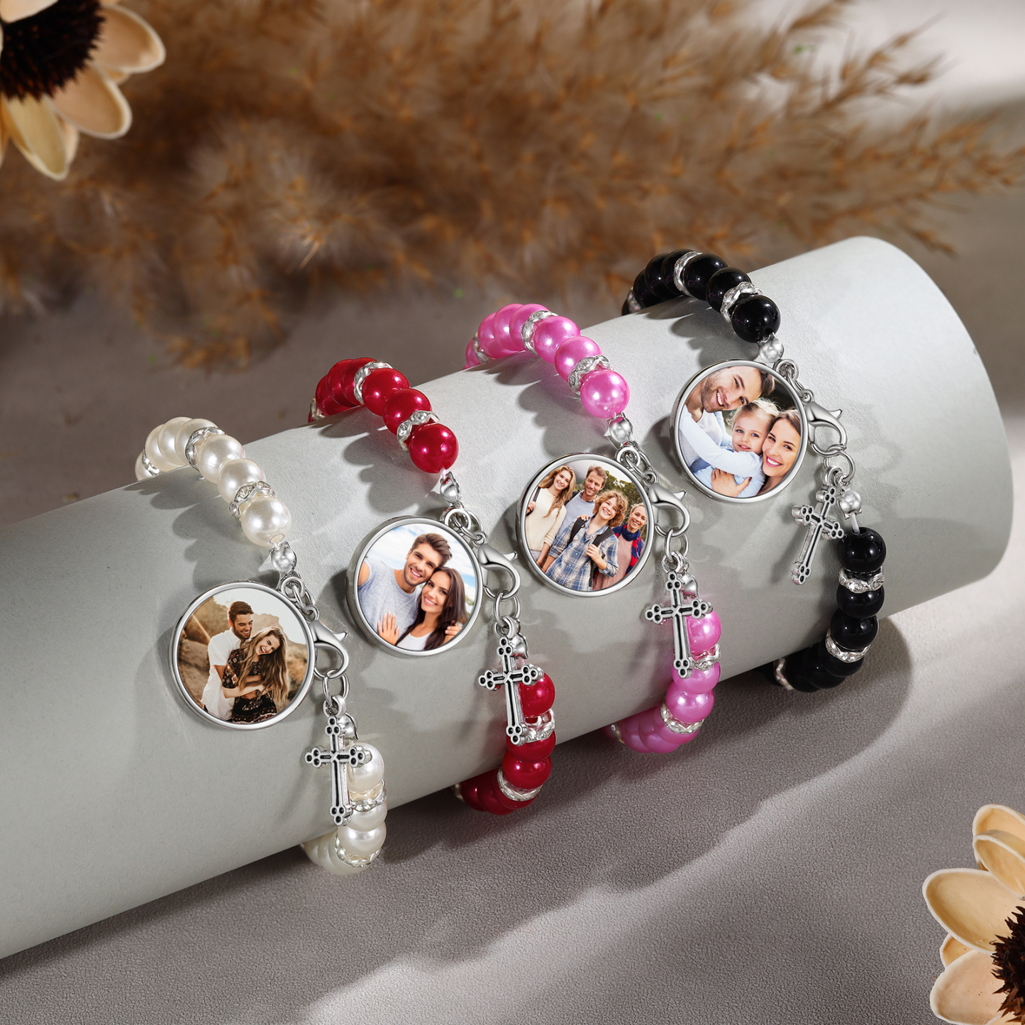 Personalised Rosary Memorial Bracelet Custom with Photo and Cross Pendant